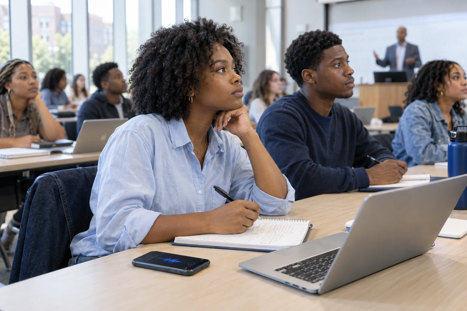 African American university students listening to a lecture, with a laptop and a phone displaying an audio waveform on the desk