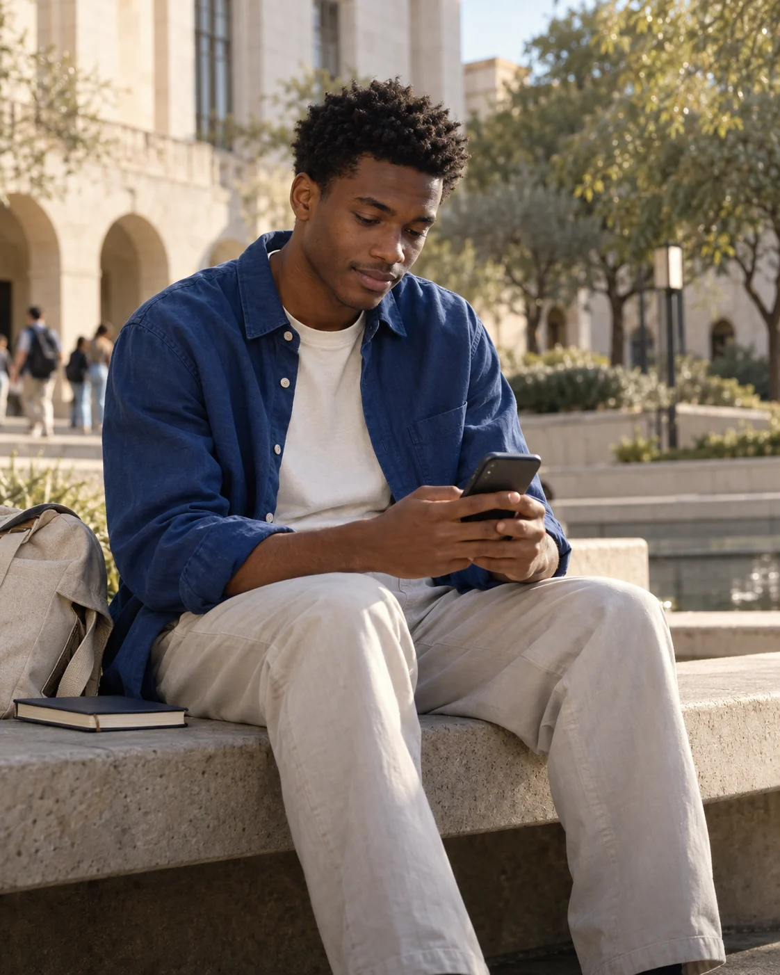 A student in a blue overshirt reviewing on his phone between classes in a sunlit campus courtyard