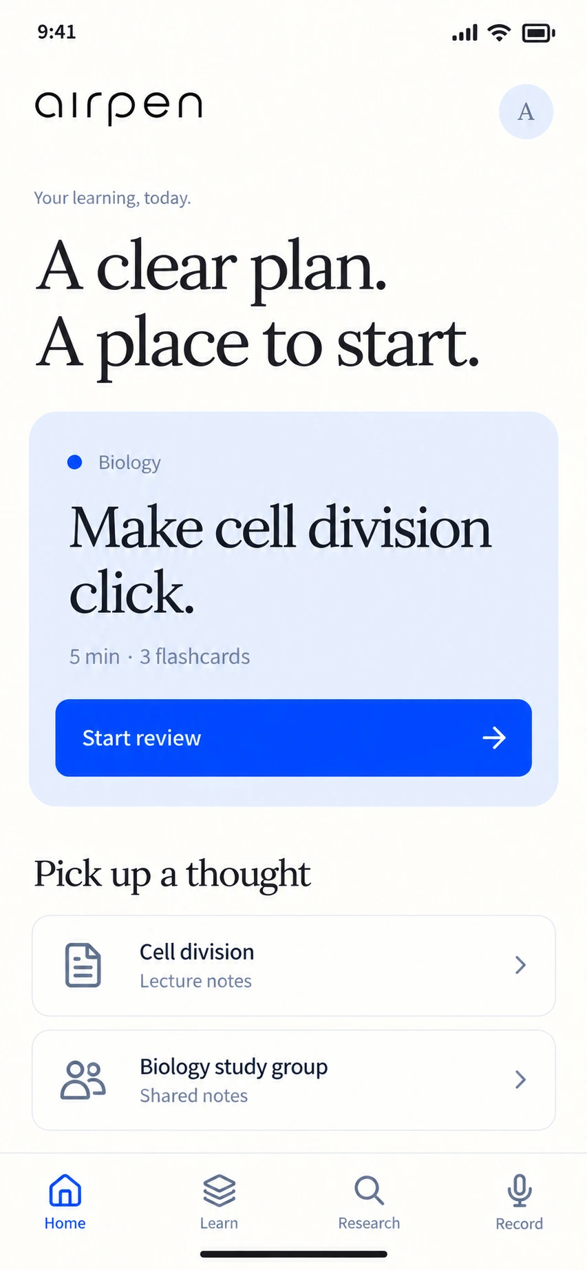 Illustrative Airpen home screen with a five-minute biology review, lecture notes, shared group notes, and Home, Learn, Research, and Record navigation