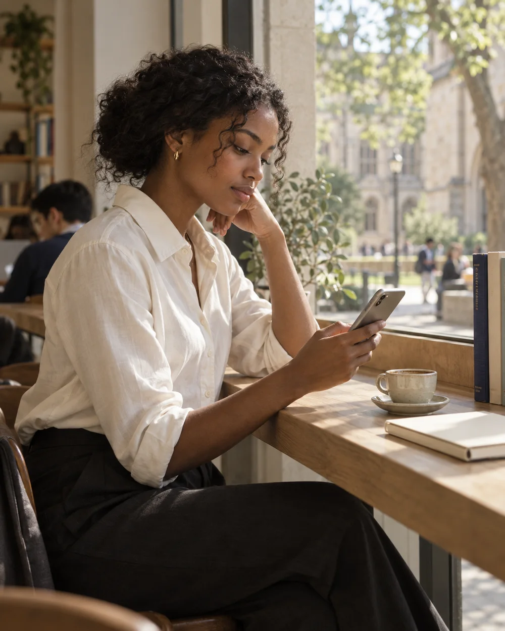 A student reviewing on her phone beside a sunlit cafe window