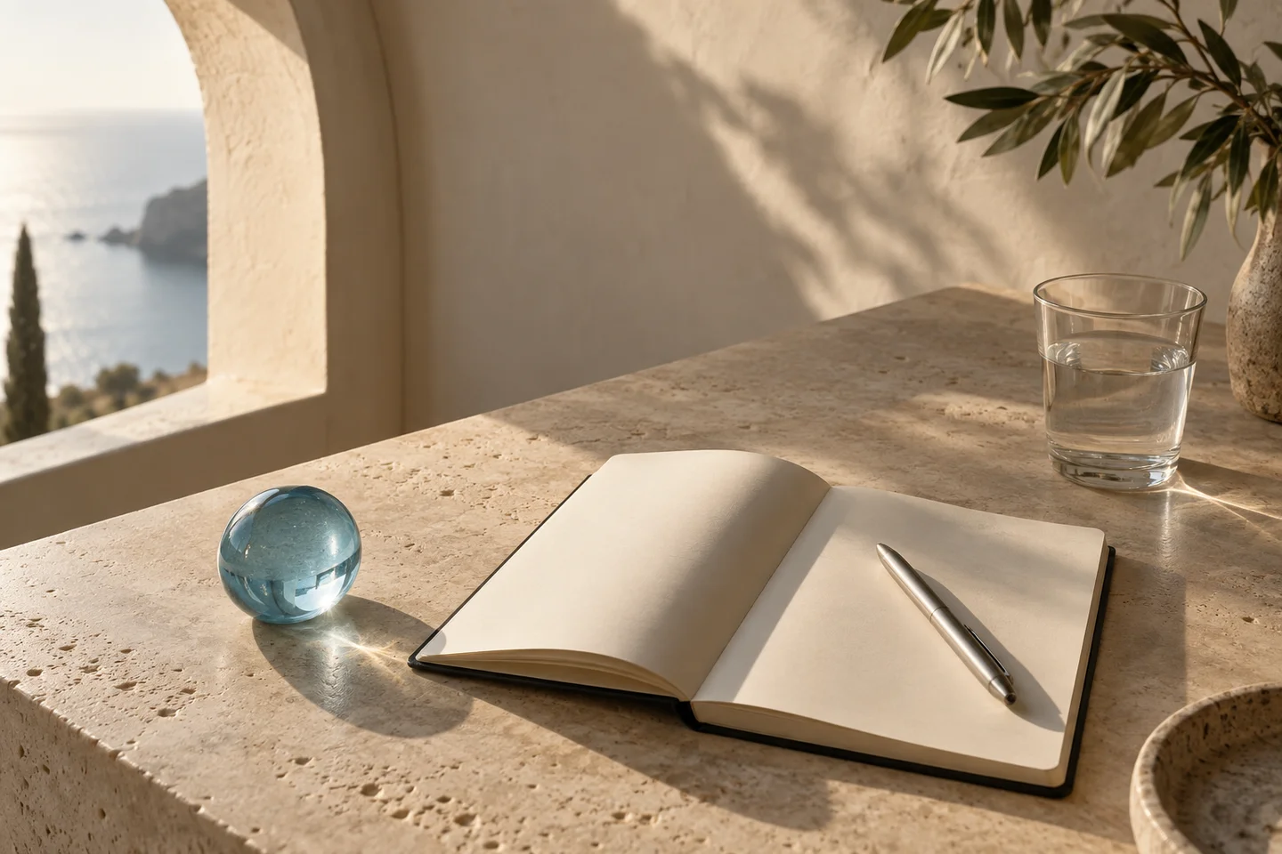 An open notebook and a glass paperweight in warm afternoon light